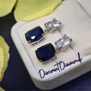 Deep Sea Blue & White Dangle Sapphire Stud Earrings on 925 Silver